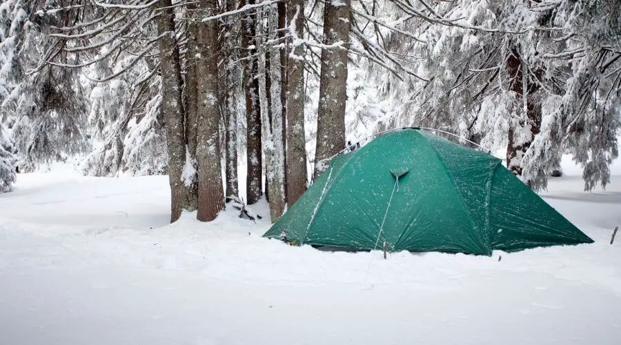 Green extreme cold weather tent in the forest in the winter time