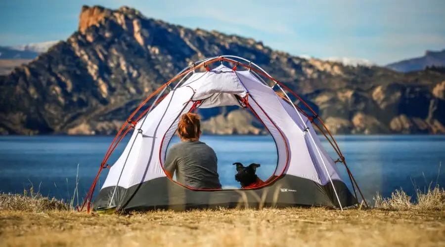 Girl and her puppy sitting inside a camping tent