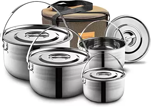 Camping Cookware Set - Compact Stainless Steel Campfire Cooking Pots and Pans
